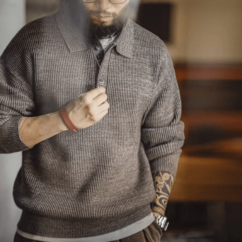 Old Money Style Men Strikket Polo Sweater Coffee