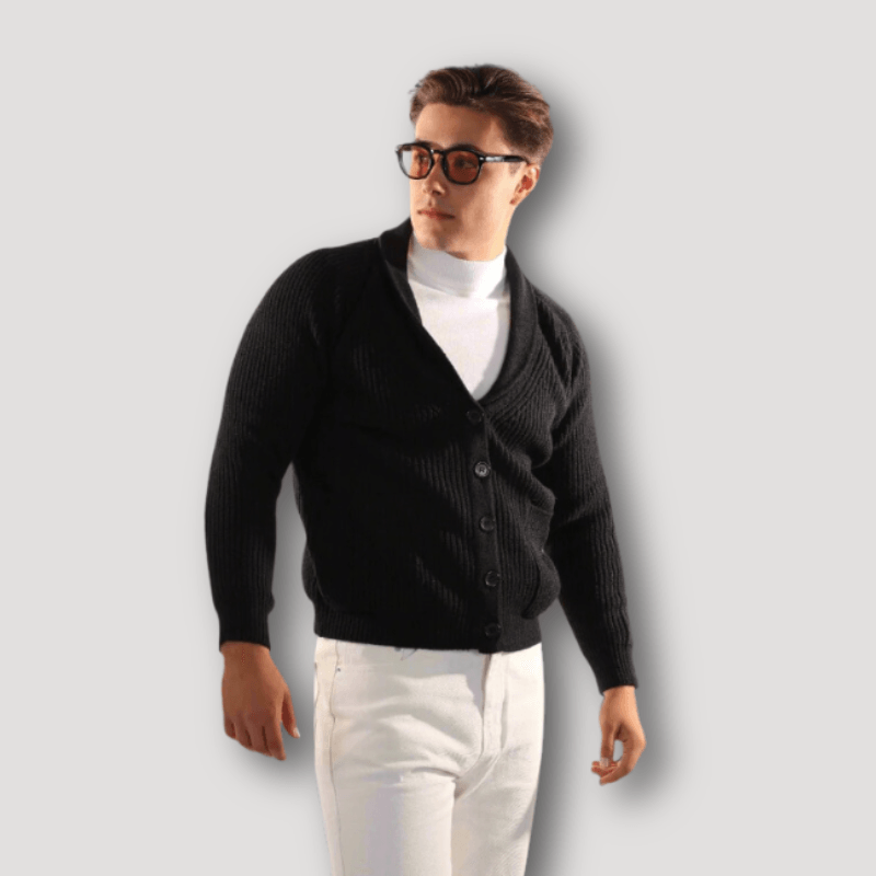 Ribbet Strik Cardigan med Knapper, Sjalskrave Cardigan Herre