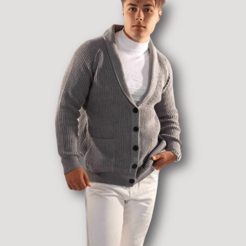 Ribbet Strik Cardigan med Knapper, Sjalskrave Cardigan Herre