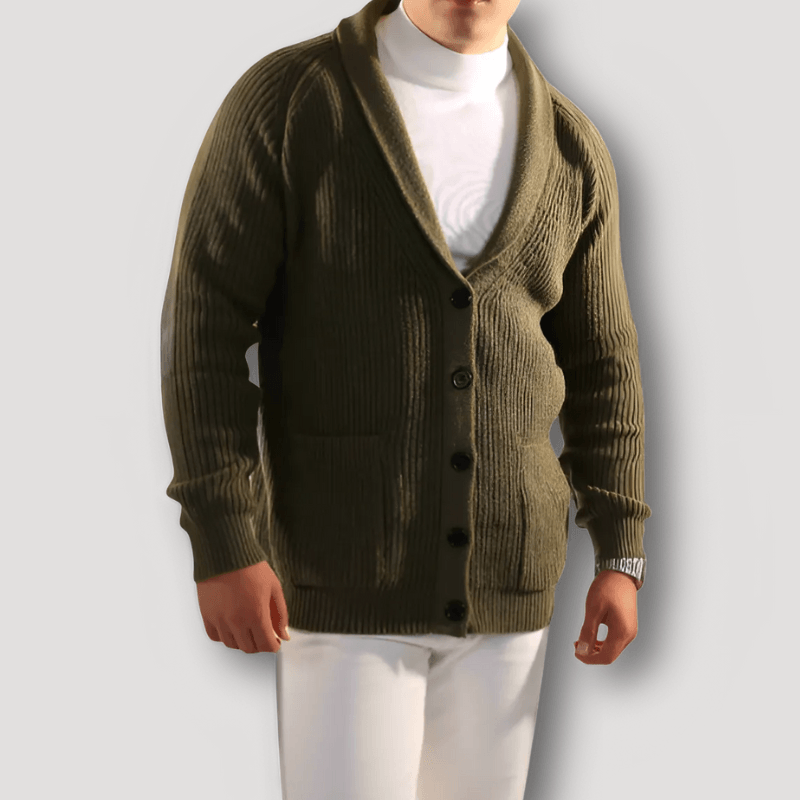 Ribbet Strik Cardigan med Knapper, Sjalskrave Cardigan Herre