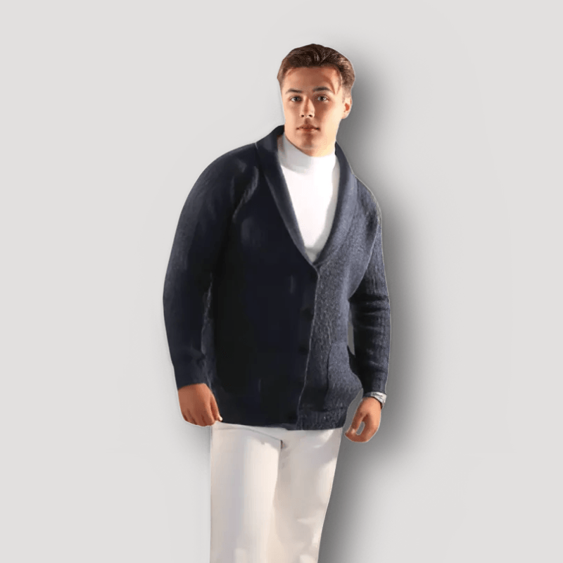 Ribbet Strik Cardigan med Knapper, Sjalskrave Cardigan Herre